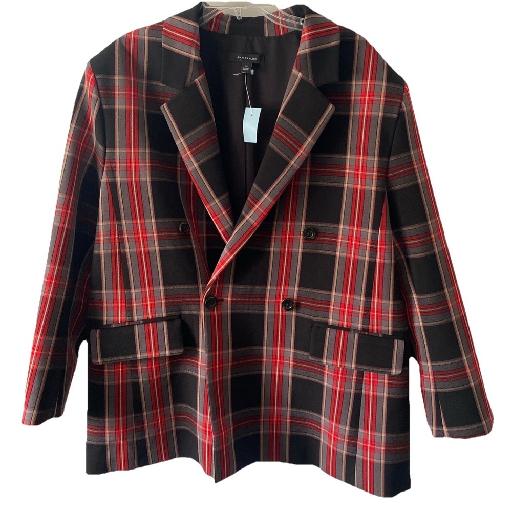 Ann Taylor Women's $209 Plaid Relaxed Double Breasted Blazer size 16P
